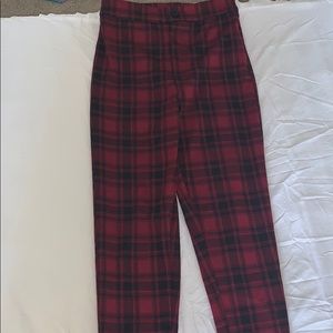 red and black formed fitting plaid pants